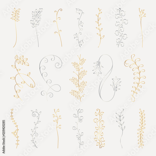 Vector set. Elegant floral designs with delicate leaves and swirls. Floral motifs in gold and silver. Perfect for floral-themed projects and floral decorations. Hand drawn ornament vector set.