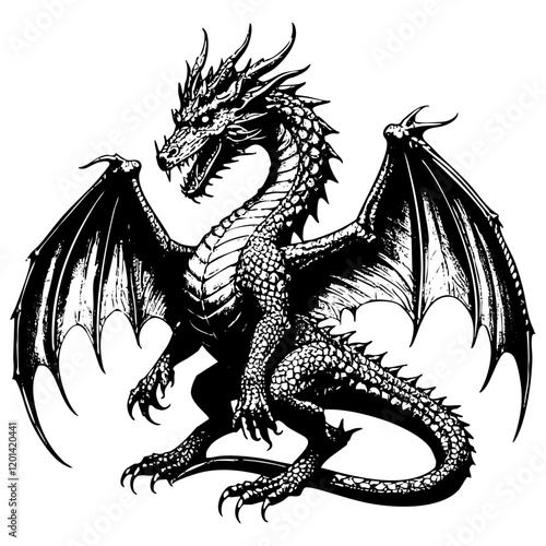 Dragon engraving black and white outline. Scratch board imitation.  illustrated in vintage line art style on a white background.
