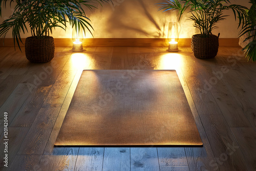 A customizable yoga mat mockup, featuring natural tones and simple designs, placed on a wooden floor with soft lighting. photo