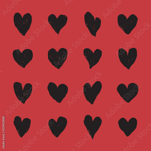 Pattern of black hearts on a red background. Black hearts repeat in rows. Simple black hearts design. Red background enhances black hearts. Cute hand drawn Valentine's Day vector set.