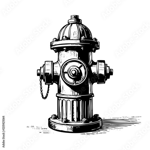 Water hydrant engraving black and white outline. Scratch board imitation.  illustrated in vintage line art style on a white background.
