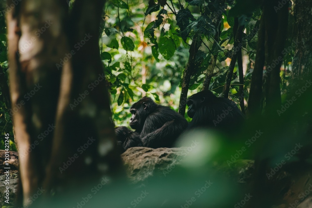 A tranquil image of a family of gorillas resting in a dense forest. A tranquil image of a family of gorillas resting in a dense forest.