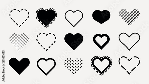 Various heart shapes in black and white. Different heart styles include solid, outlined, and patterned. Heart designs are simple and creative. Black Valentine's Day elements, vector set.