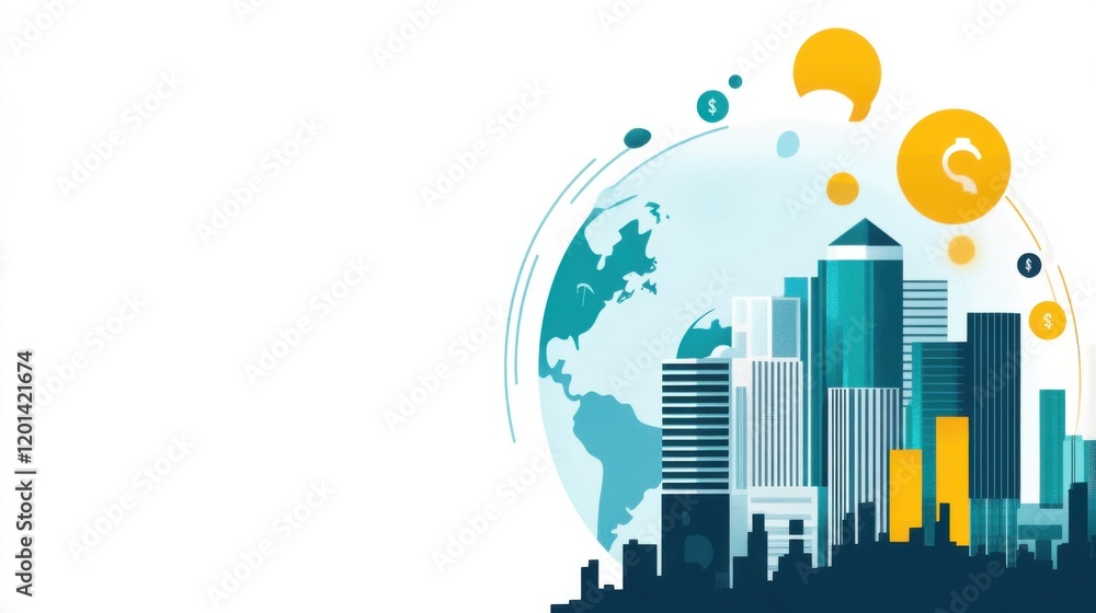 Fototapeta premium Modern Urban Landscape with Skyscrapers and Global Elements Representing Business Growth, Finance, and Technology in a Dynamic Digital Era