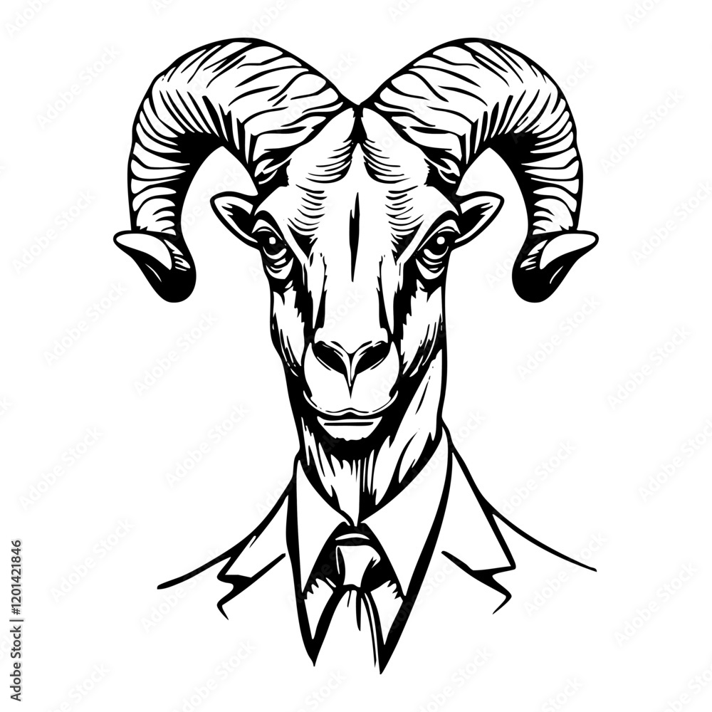 Fototapeta premium Businessman goat head engraving black and white outline. Scratch board imitation. illustrated in vintage line art style on a white background.