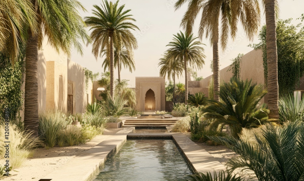 Fototapeta premium A tranquil oasis in the heart of the desert surrounded by towering palm trees and vibrant greenery, outdoor decor, garden decor, desert landscape, interior design, moroccan architecture