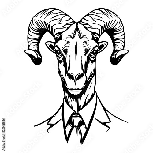 Businessman goat head engraving black and white outline. Scratch board imitation.  illustrated in vintage line art style on a white background.
