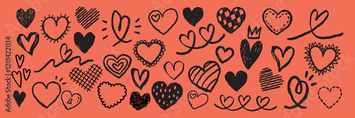 A variety of hand-drawn hearts on an orange background. Hearts with different patterns, styles, and sizes. Creative heart designs, playful heart doodles. Cute hand drawn Valentine's Day vector set.
