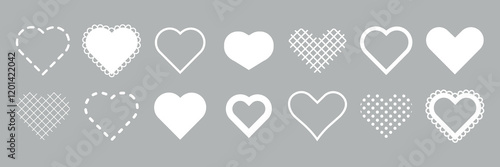 Set of 14 white heart icons on a gray background. Various heart designs include dotted, scalloped, and lattice patterns. Heart shapes for design use. Minimal Valentine's Day elements, vector set.