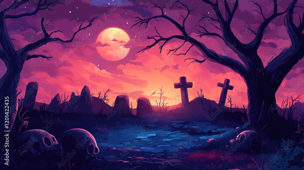 Eerie Graveyard Scene Under Blood Red Moon Eerie Graveyard Scene Under Blood Red Moon