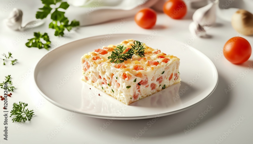 Tuna casserole slice on white plate for family lunch food Tuna casserole slice on white plate for family lunch food