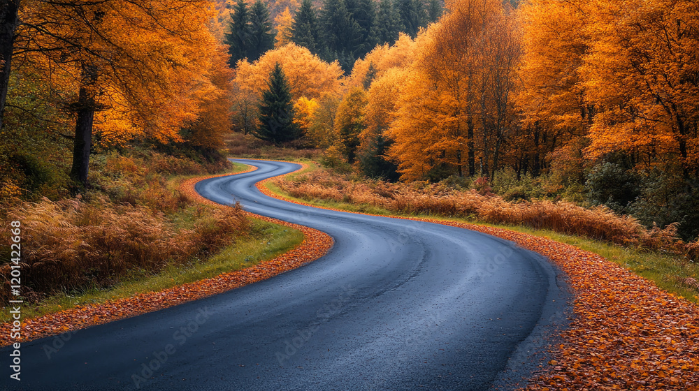 Fototapeta premium beautiful Serene winding wet road through an autumn forest with vibrant leaves.