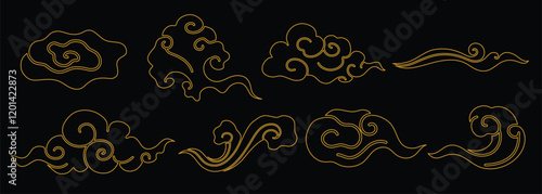 Elegant gold cloud patterns on black. Gold clouds swirl in artistic designs. Cloud motifs create a luxurious, decorative feel. Gold and black contrast beautifully. Chinese weather elements, vector set