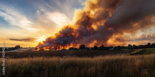 Intense fire with thick smoke billowing across a rural countryside landscape, showcasing the dramatic scene of fire and smoke in a natural setting. The rural countryside is significantly impacted by photo