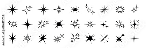 Collection of starburst icons on a white background. Starburst shapes vary in size and style. Perfect for design projects needing starburst effects. Element vector set.