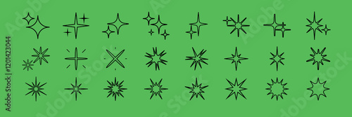 Collection of starburst icons on a green background. Starburst shapes vary in size and style. Perfect for design projects needing starburst effects. Element vector set.