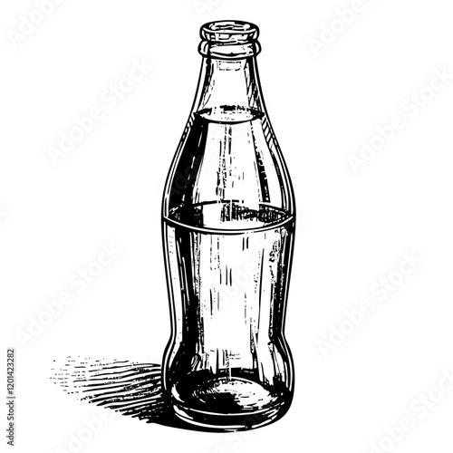 Soda bottle sketch engraving black and white outline. Scratch board imitation.
