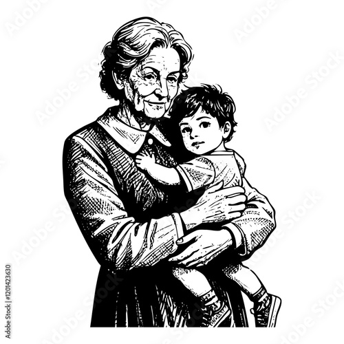 Grandmother embracing her grandson sketch engraving black and white outline. Scratch board imitation.
