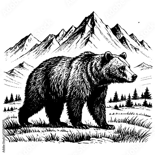 bear on mountain forest  portrait engraving black and white outline. Scratch board imitation.
