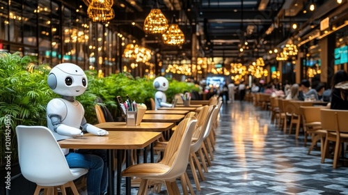 Two robots sitting at a table in a modern restaurant.