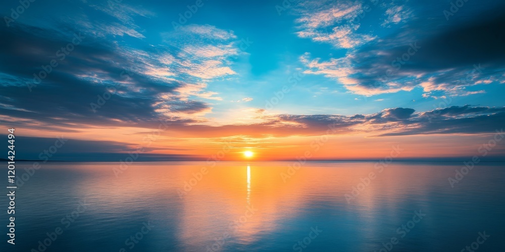 Fototapeta premium Stunning sunrise casting vibrant colors over the sea, with a clear blue sky and fluffy clouds creating a breathtaking landscape. Experience the beauty of sunrise over the tranquil sea.