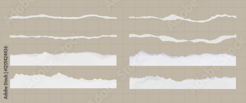 Set of torn paper edges on a grid background. Torn paper texture, torn paper design, torn paper style. Perfect for scrapbooking, crafts, and design projects. Ripped paper element set. Vectors.