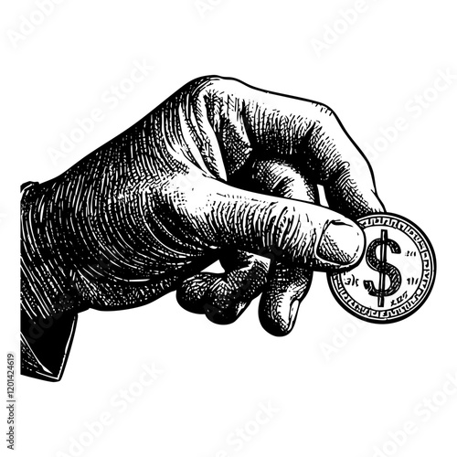 Hand giving coin engraving black and white outline. Scratch board imitation.