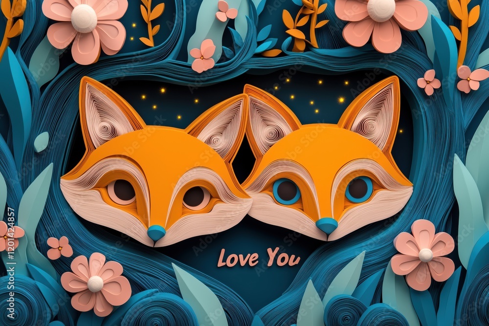 Obraz premium Paper art design featuring two orange foxes with the words 'Love You' in a bright and colorful setting with flowers and leaves
