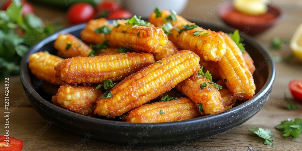 Crisp fried baby corn, also known as baby corn fritters, are made by deep frying steamed baby corn that is coated in a spicy flour batter. A delicious starter recipe featuring baby corn, perfect for Crisp fried baby corn, also known as baby corn fritters, are made by deep frying steamed baby corn that is coated in a spicy flour batter. A delicious starter recipe featuring baby corn, perfect for