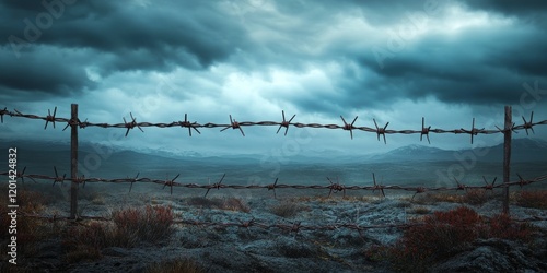 Apocalyptic scene featuring a barbed wire fence against a dramatic horizon, capturing the essence of an eerie, dystopian landscape with a haunting atmosphere surrounding the barbed wire. photo