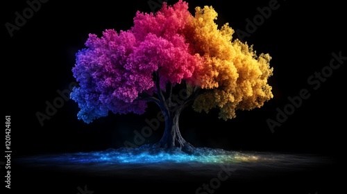 Vibrant Multicolored Tree Glowing Brightly Against Dark Background