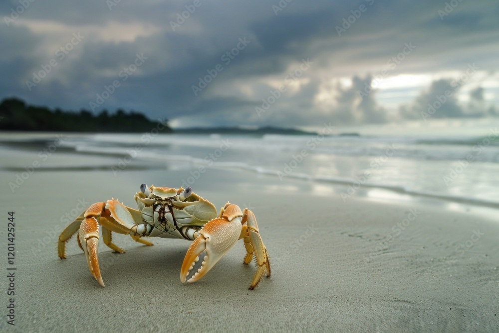 Colorful crab walking on the beach at sunrise with dramatic cloudy sky in the background Colorful crab walking on the beach at sunrise with dramatic cloudy sky in the background