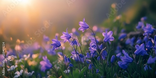 Captivating charm of Alpine bluebell Campanula scheuchzeri showcased in a stunning alpine meadow. Discover the enchanting beauty of Alpine bluebell thriving in nature s embrace. photo