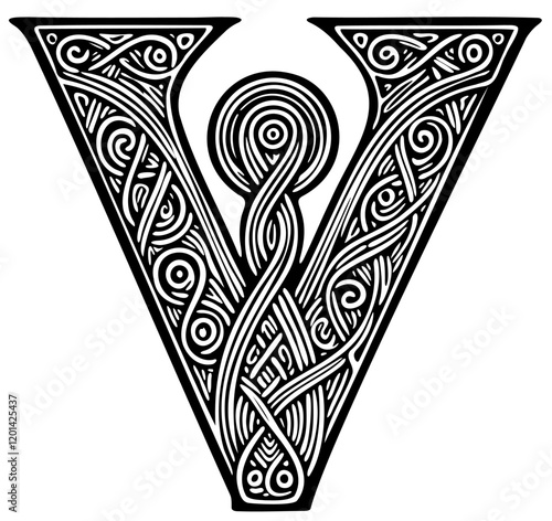 Celtic Letter V Book of Kells Irish Gothic Medieval Ornate Calligraphy Vector Typography
