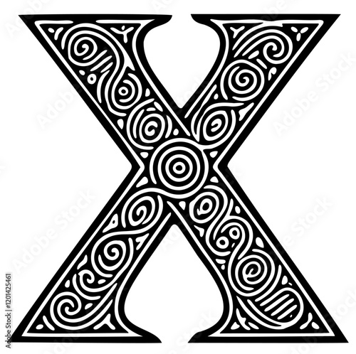 Celtic Letter X Book of Kells Irish Gothic Medieval Ornate Calligraphy Vector Typography