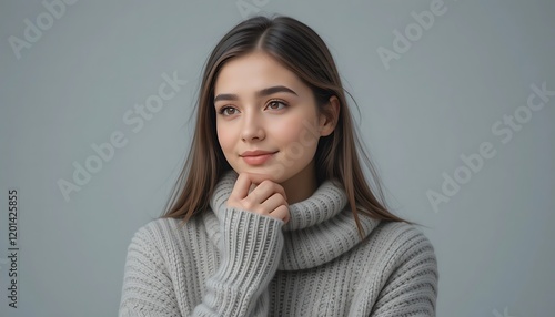 Portrait of a beautiful young woman with long brown hair wearing a light grey turtleneck sweater, looking thoughtfully to the side.