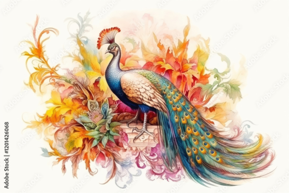 Obraz premium peacock on a white background surrounded by flowers, illustration., watercolor style, Generative AI
