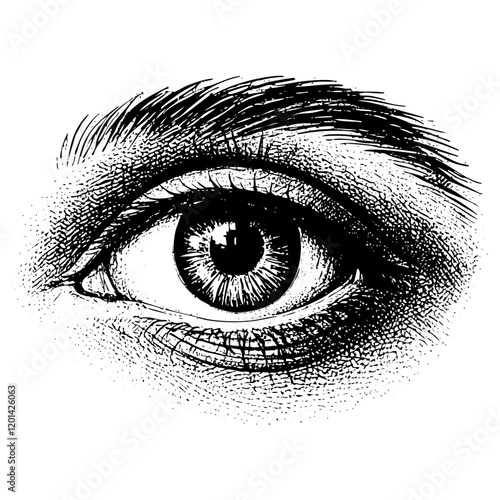 Human eye engraving black and white outline. Scratch board imitation.
