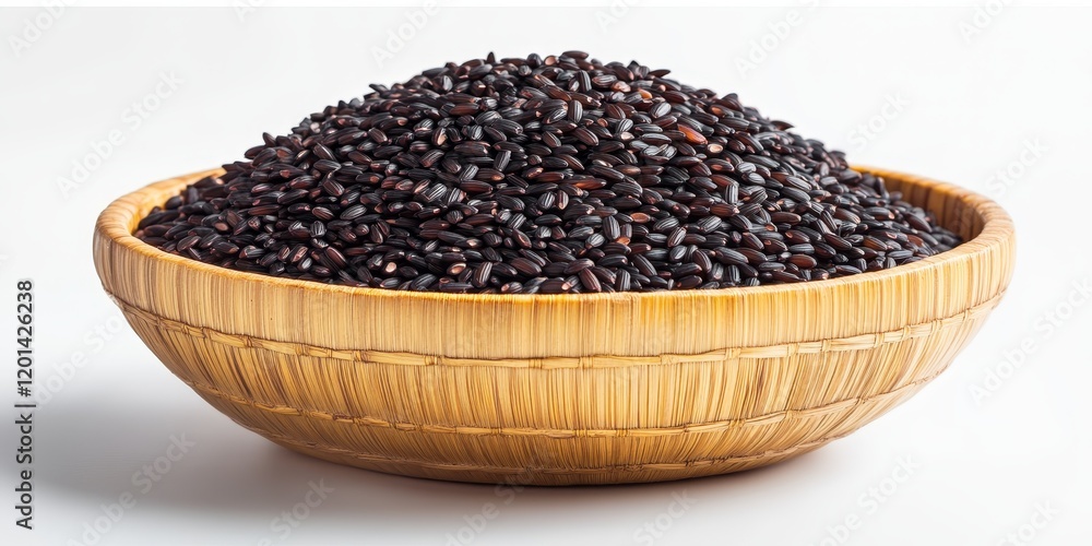 Organic black rice displayed in a bamboo bowl against a white background, highlighting the texture and unique color of organic black rice for culinary and health focused visuals. Organic black rice displayed in a bamboo bowl against a white background, highlighting the texture and unique color of organic black rice for culinary and health focused visuals.