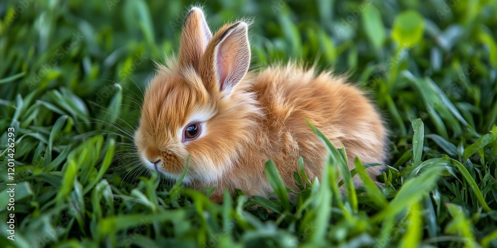 A brown, cute dwarf rabbit, specifically a lion s head breed, enjoys a peaceful moment resting in the lush grass, showcasing the charm and beauty of this adorable dwarf rabbit. A brown, cute dwarf rabbit, specifically a lion s head breed, enjoys a peaceful moment resting in the lush grass, showcasing the charm and beauty of this adorable dwarf rabbit.