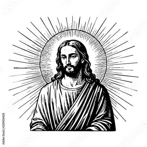 Jesus Christ with sunburst sketch engraving black and white outline. Scratch board imitation.  illustrated in vintage line art style on a white background.