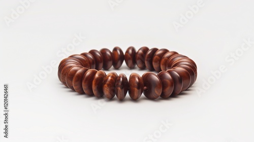 A polished wooden prayer bead necklace coiled elegantly on a white background. The natural grains and smooth finish evoke a sense of peace. photo