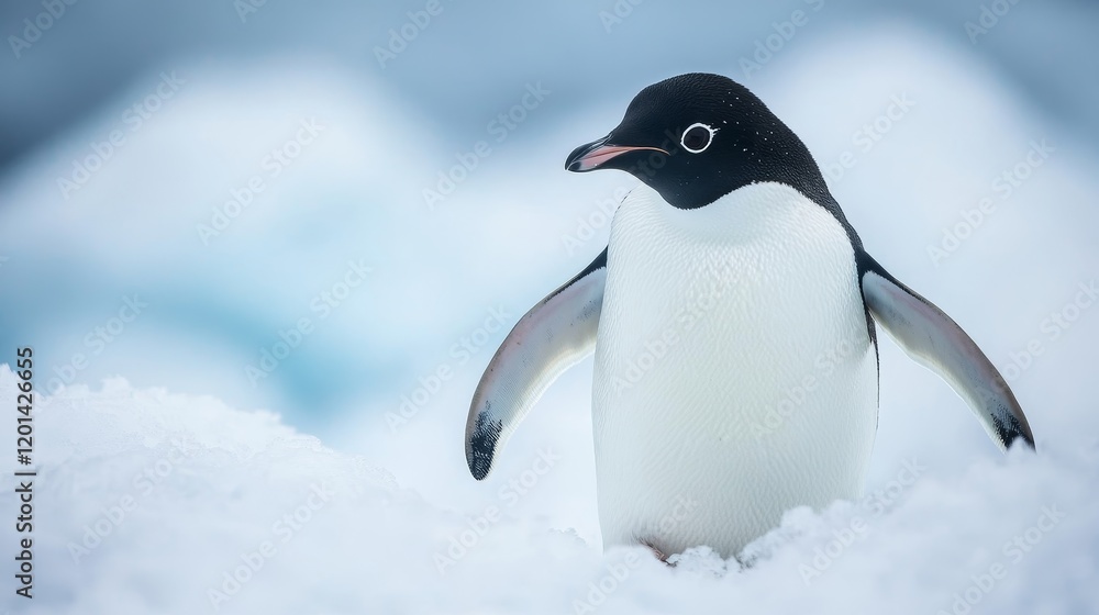 Obraz premium Adelie penguin in a snowy and icy environment showcases the beauty of Adelie penguins, highlighting their natural habitat of snow and ice, ideal for wildlife enthusiasts.