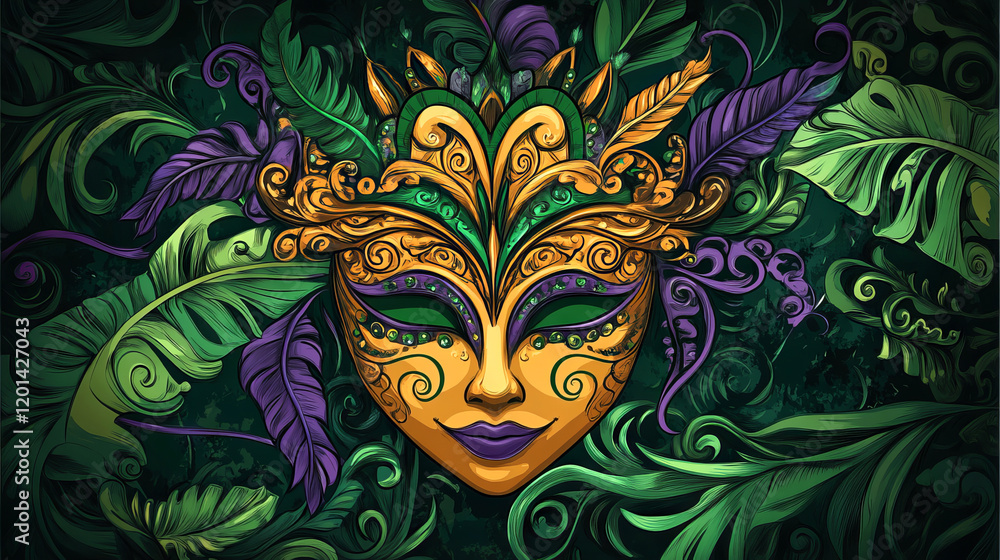 Naklejka premium Mardi Gras Golden Decorative Mask with Purple and Green Feathers, Celebration Art Illustration
