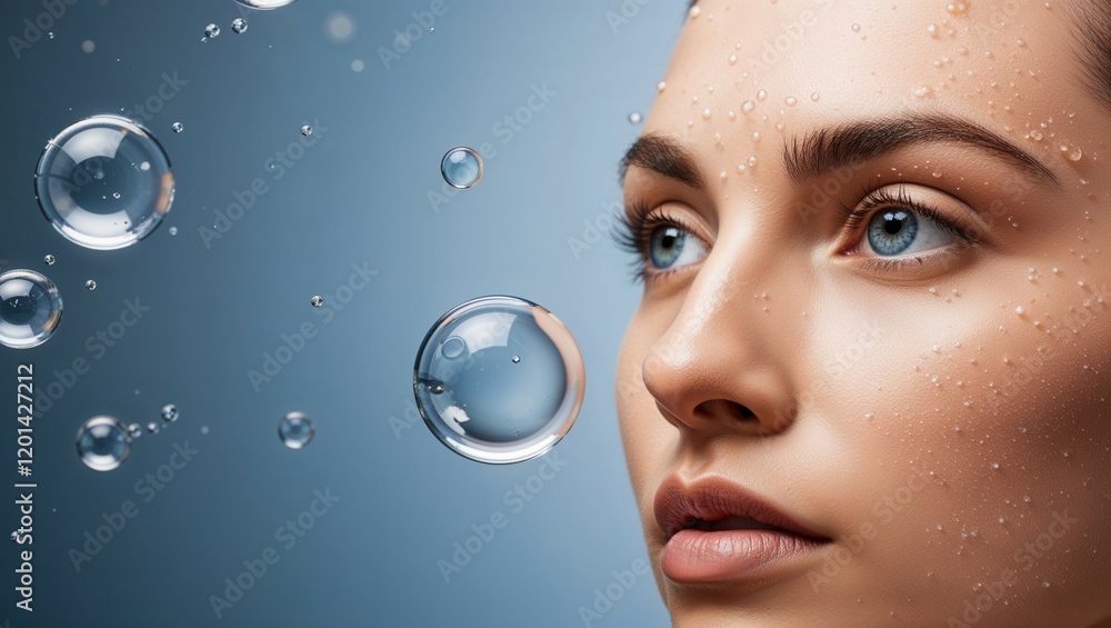 Young woman blowing soap bubbles with a joyful expression, surrounded by floating bubbles against a blue sky Young woman blowing soap bubbles with a joyful expression, surrounded by floating bubbles against a blue sky