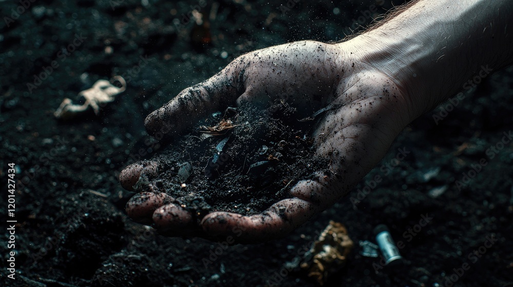 Hand holding soil mixed with debris. Symbolic representation of pollution, environmental impact, waste management, earth preservation, recycling awareness. Generative AI Hand holding soil mixed with debris. Symbolic representation of pollution, environmental impact, waste management, earth preservation, recycling awareness. Generative AI