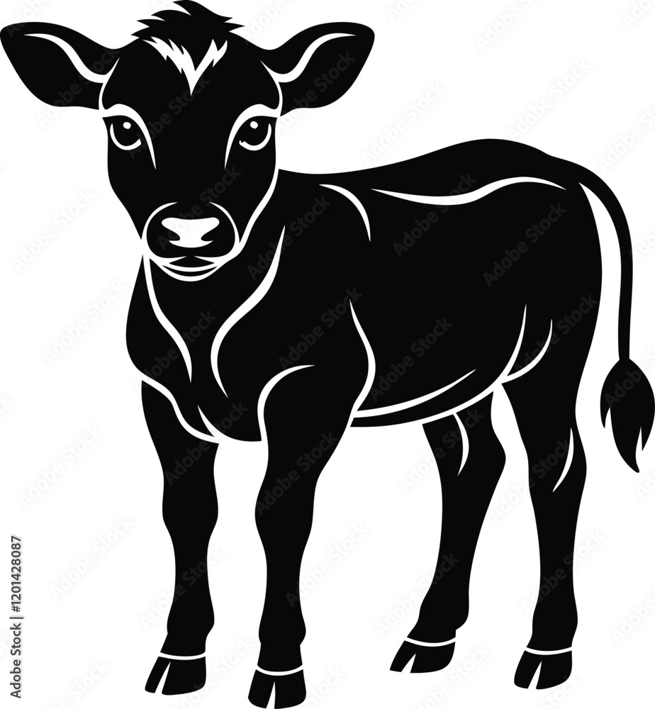 Fototapeta premium Beautiful animal baby cow vector silhouette black color artwork illustration