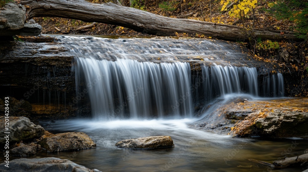 Fototapeta premium Majestic waterfall flowing gracefully, surrounded by fallen logs creating a serene and natural atmosphere, showcasing the beauty of flowing water in a tranquil setting with captivating views.