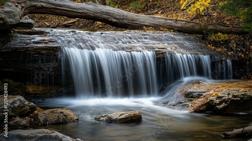 Majestic waterfall flowing gracefully, surrounded by fallen logs creating a serene and natural atmosphere, showcasing the beauty of flowing water in a tranquil setting with captivating views.