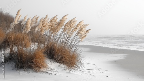 Pampas grass blowing in wind on sandy beach, misty ocean background.